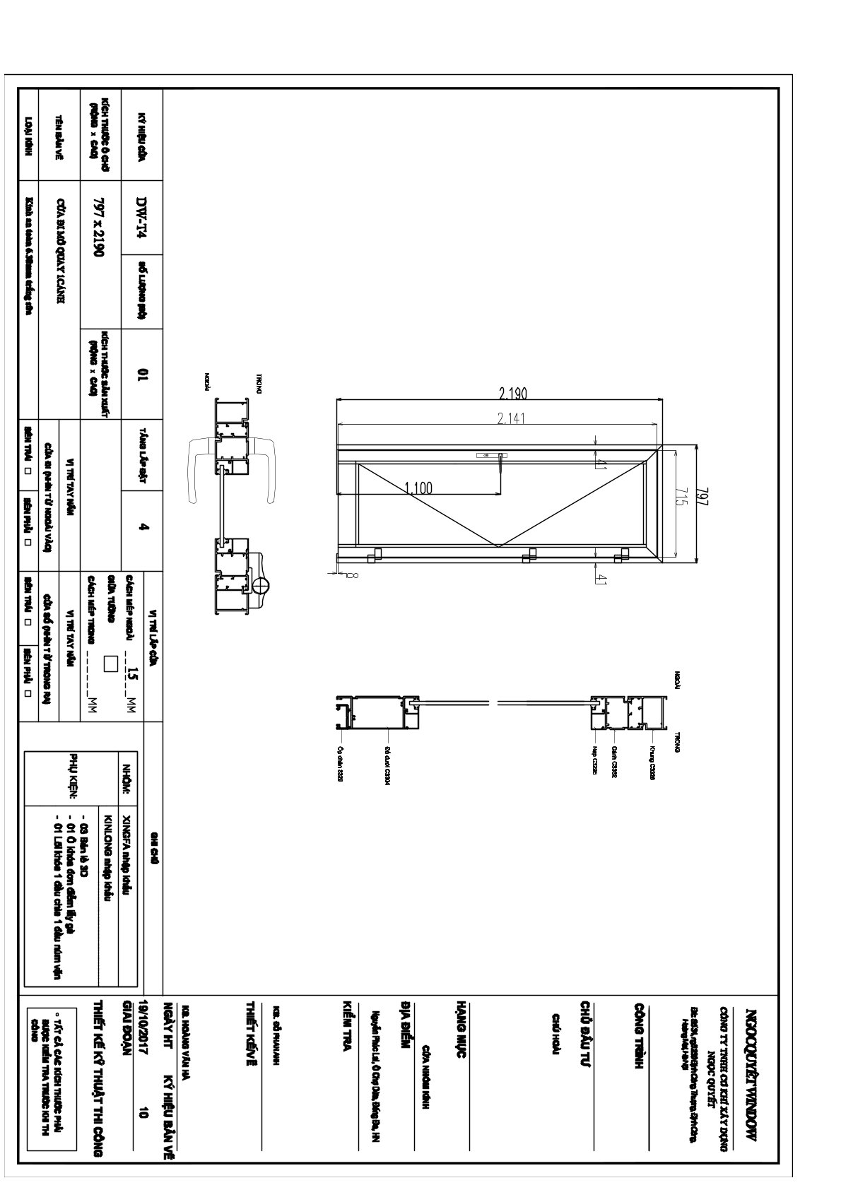 Bản vẽ kỹ thuật cửa nhôm kính Xingfa mở quay một cánh kèm kích thước chi tiết